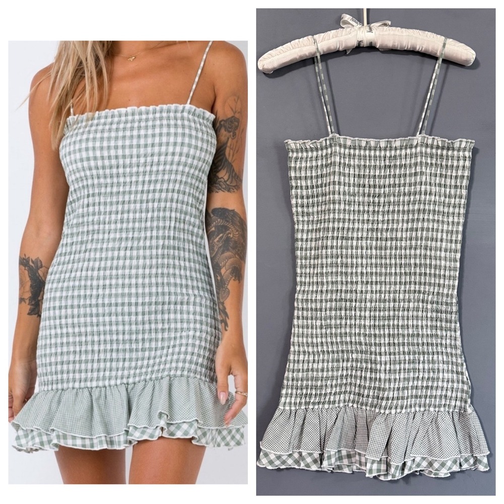100% Cotton Green Smocked Gingham Bodycon Dress with Ruffle Mink Pink  XS